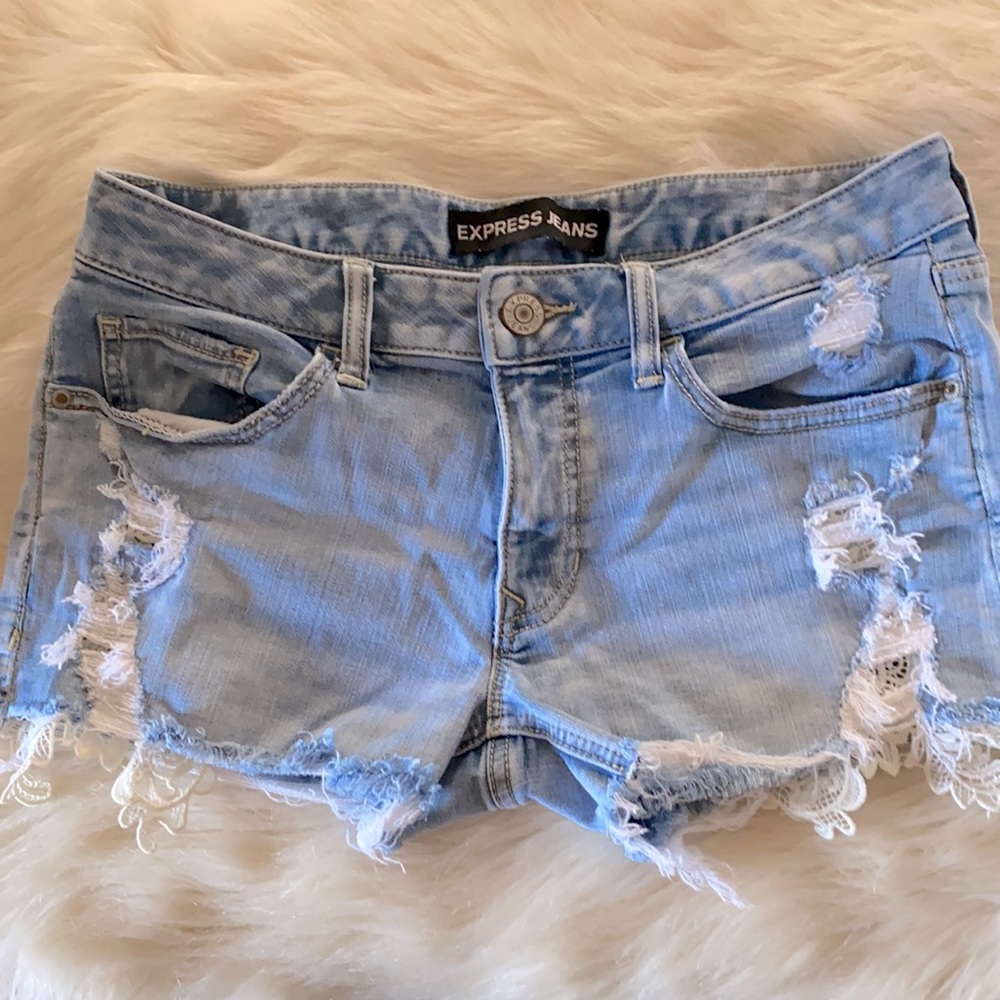 Express Distressed Denim Shorts With Lace Detail